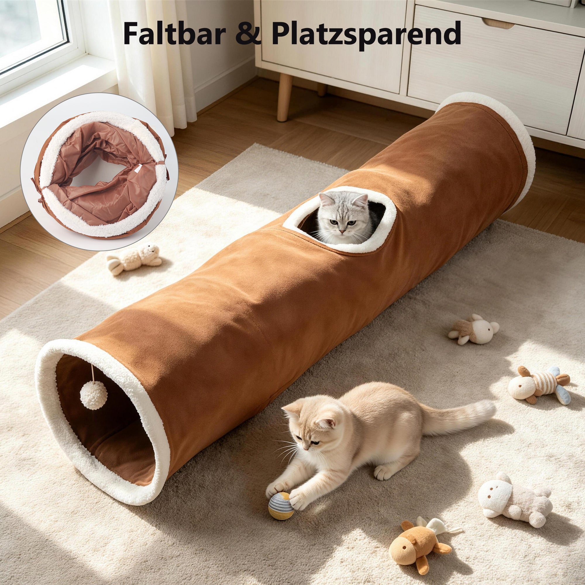 Faltbarer Katzentunnel 66 cm  als 2er-Set in Braun & Grau