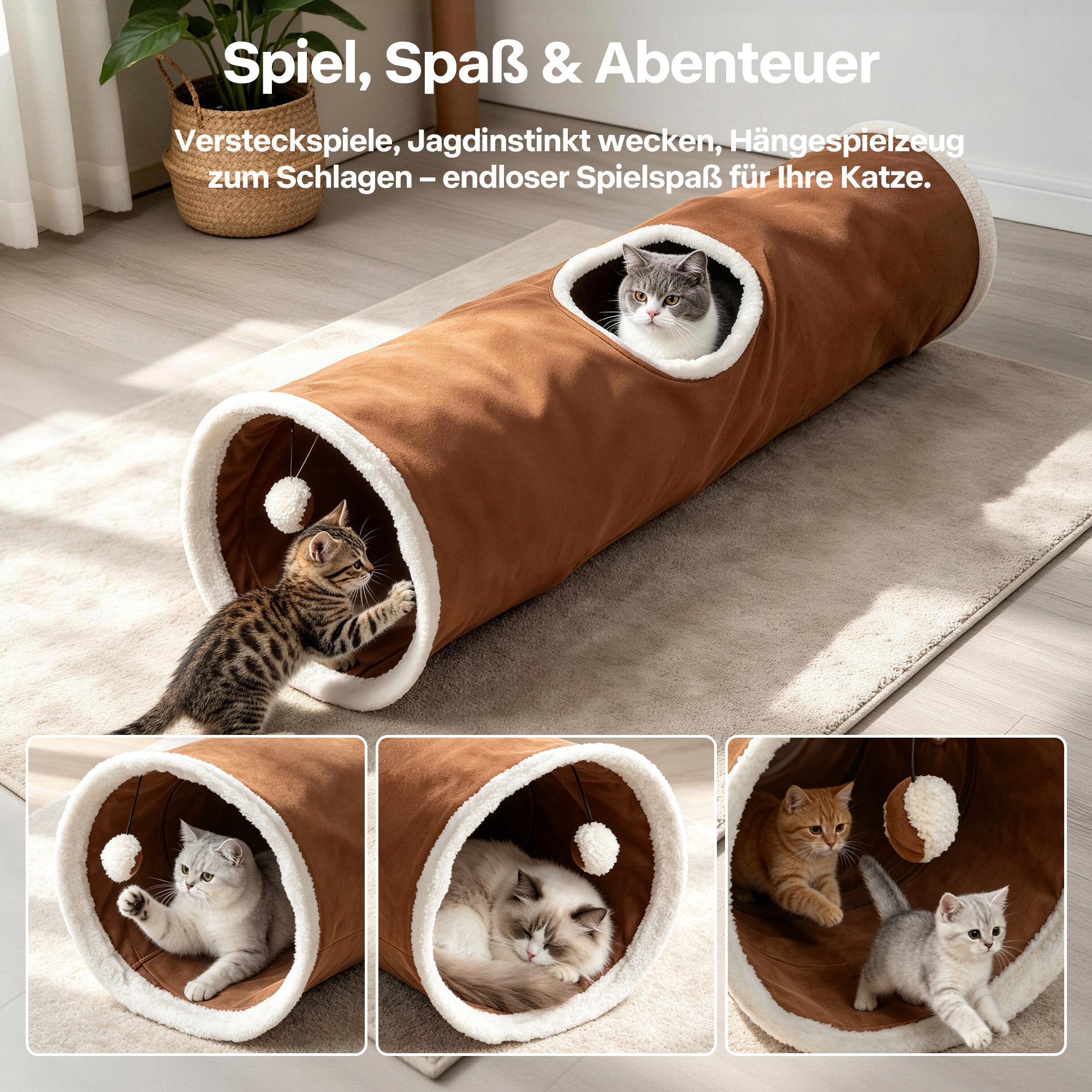 Faltbarer Katzentunnel 66 cm  als 2er-Set in Braun & Grau