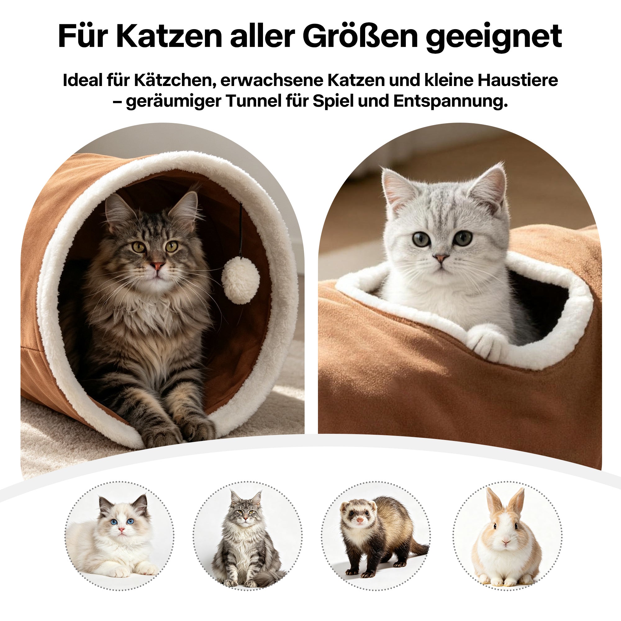 Faltbarer Katzentunnel 66 cm  als 2er-Set in Braun & Grau