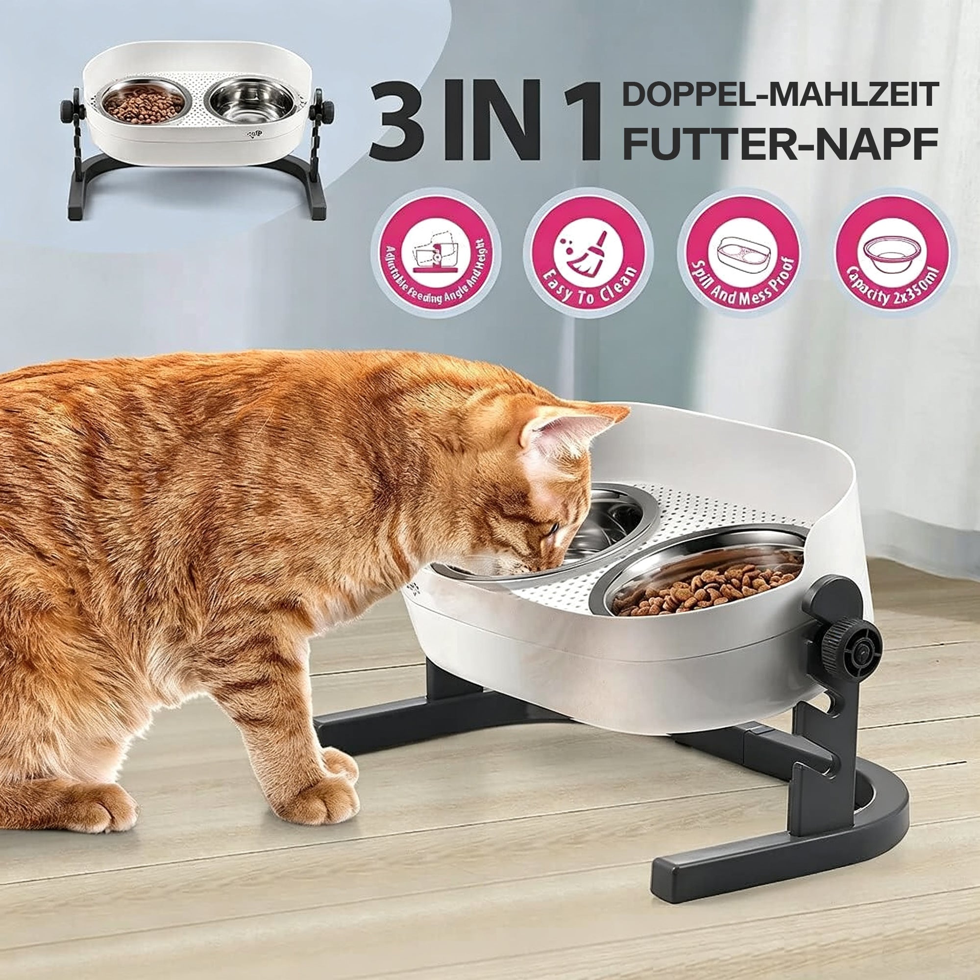 3-in-1 Katzen-Doppelfutternapf S/M, höhenverstellbar