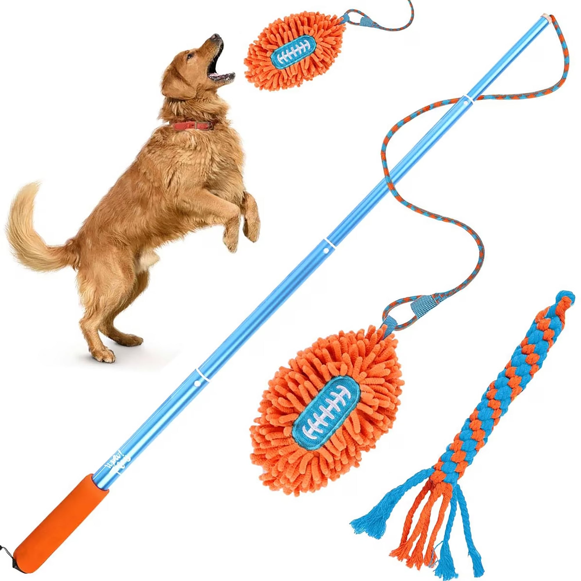 Hunde Flirt Pole mit Teleskopstab - Trainingsspielzeug mit Football & Seilschwanz